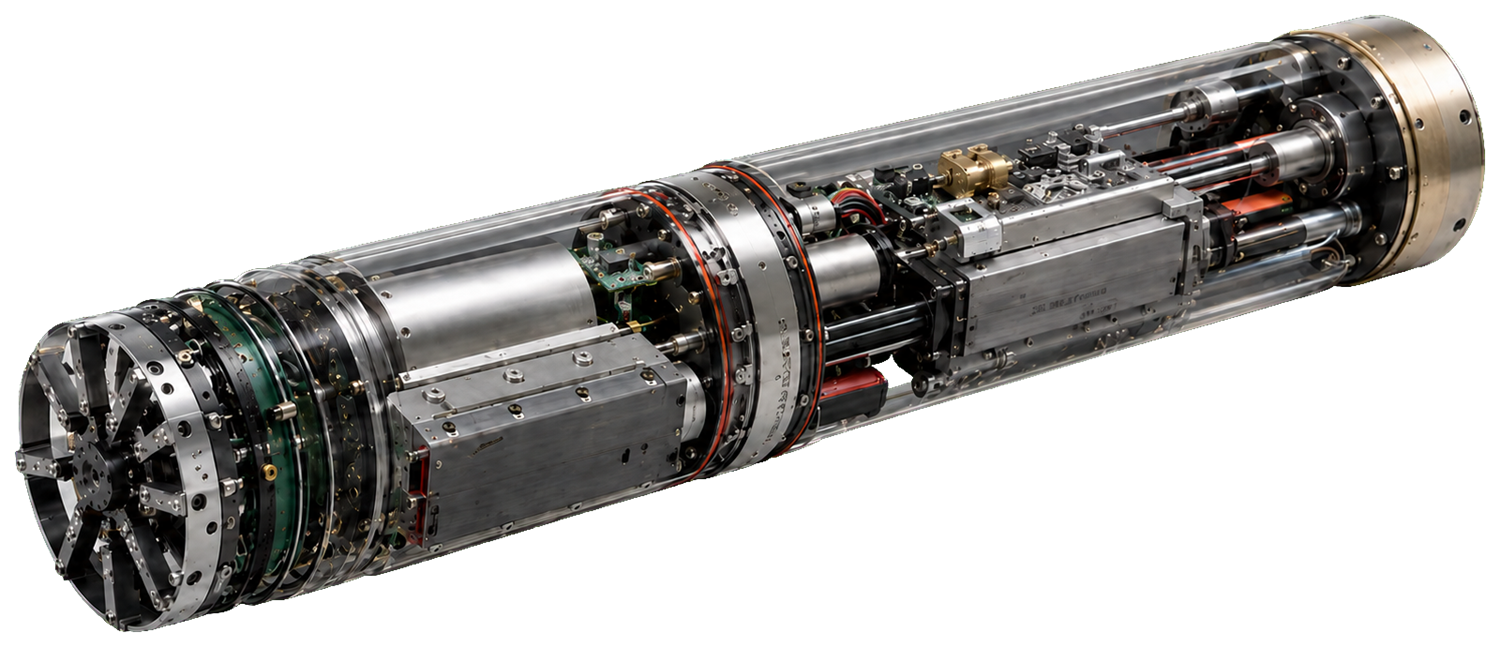 Gilimole 2 - the integrated underground platform, shown as a cylindrical micro-boring machine with a multi-blade cutter head and a transparent body revealing its internal modules.